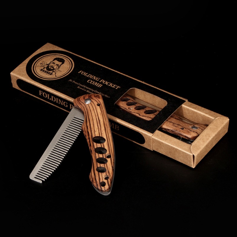 Mens Grooming Kit Bag - หวีเคราพับได้ทำจากไม้เนื้อแข็งและโลหะสำหรับผู้ชาย ชุดจัดแต่งทรงผมพอมปาดัวร์แบบพกพา หวีจัดแต่งทรงผมสำหรับเดินทางระดับช่างตัดผม