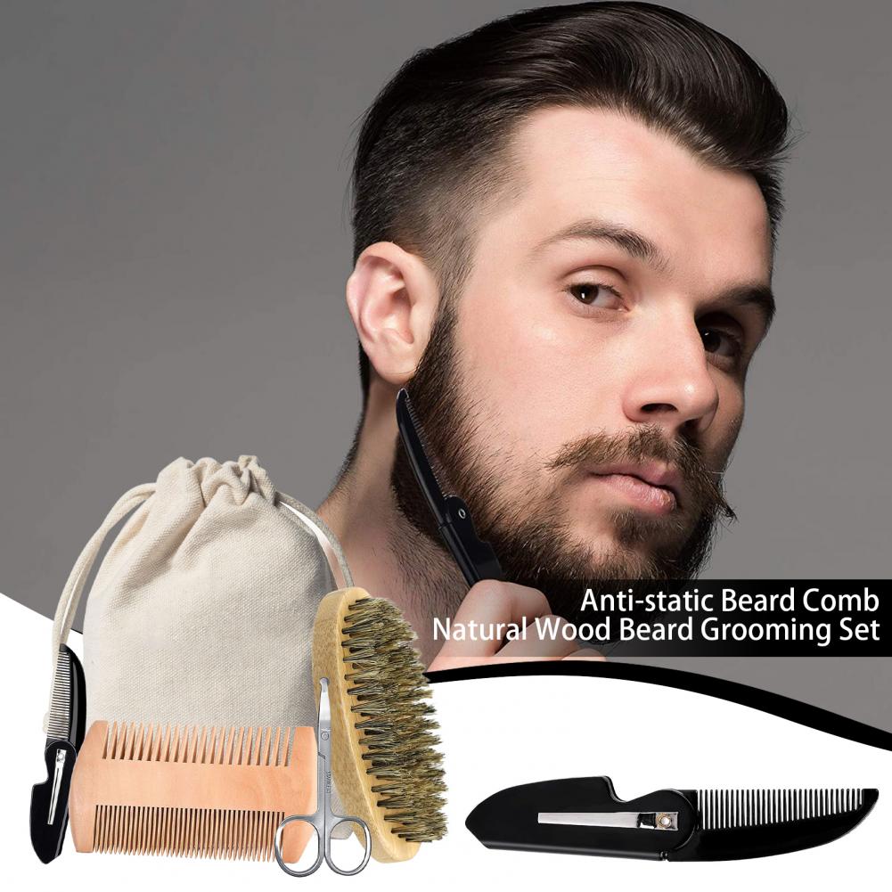 Mens Grooming Kit Bag - 3/5 ชิ้น Men Beard Grooming ชุดหมูป่าแปรงรูปไข่แปรงไม้สองด้านหวีกรรไกรกระเป๋าผู้ชายหนวด