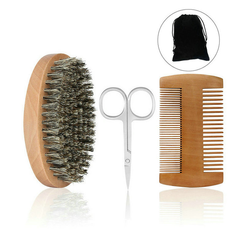 Mens Grooming Kit Bag - Professional Soft Boar Bristle Beard แปรงกรรไกรแปรงโกนหนวดหวีผู้ชายหนวดหวีชุดของขวัญกระเป๋าหวีเคราชุด